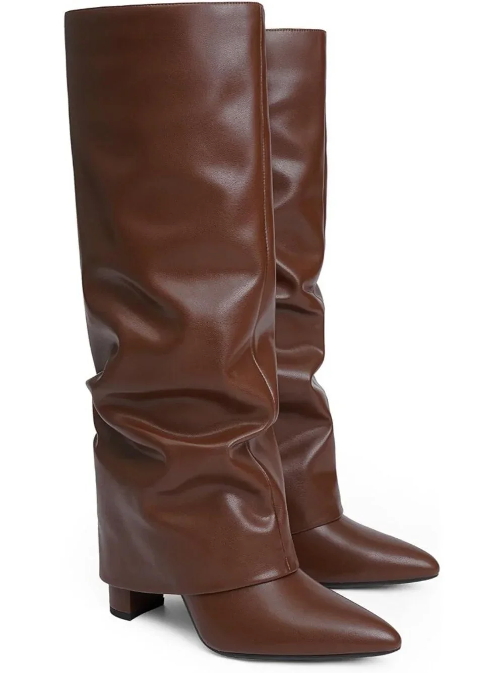 Women Brown Slouchy Pointed Toe Chunky Heel Faux Leather Over The Knee High Boot